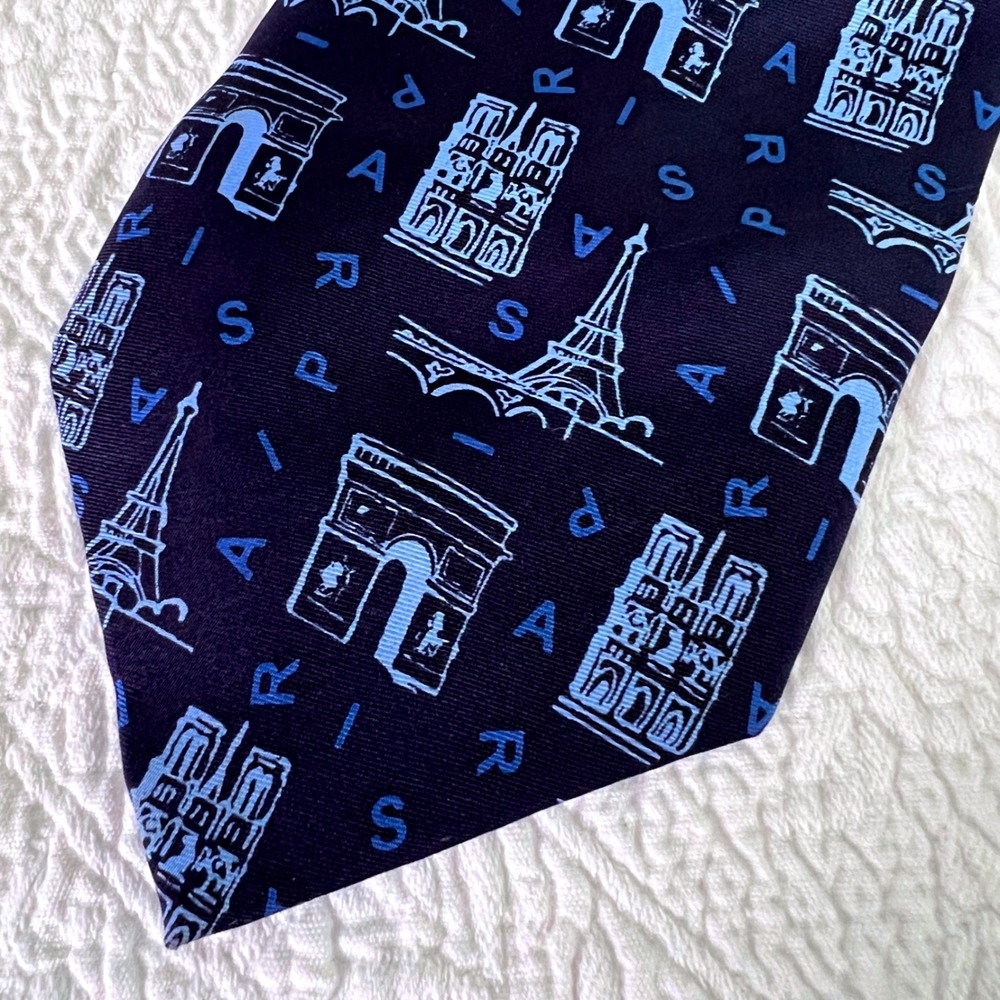 Paris Landmark Silk Tie OS Mens Navy Blue Eiffel Tower Arc De Triomphe Travel